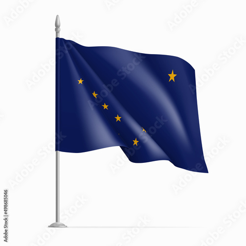 Realistic waving flag of Alaska federal state on flagpole. National flag of US State of Alaska fluttered in the wind. American patriotic element isolated on white background