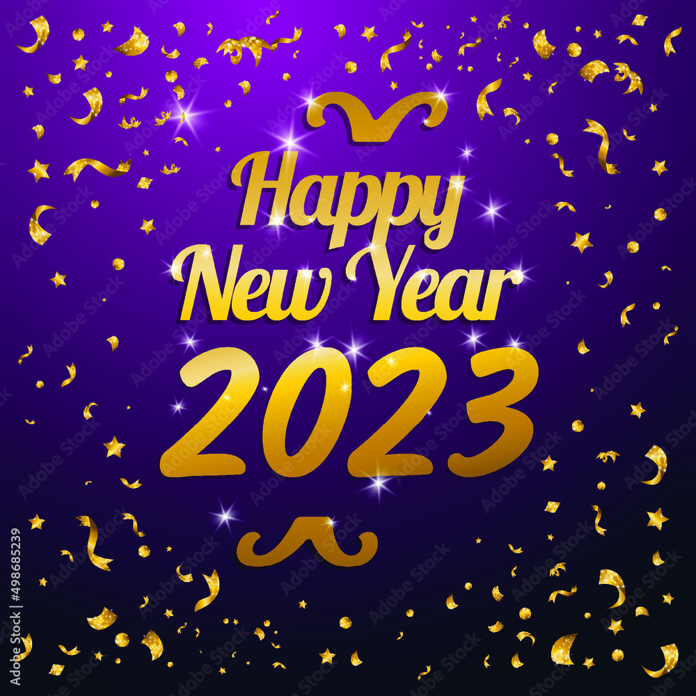 Happy New Year illustration with golden Blue confetti Background. Vector Holiday Design for Premium Greeting Card, Party Invitation