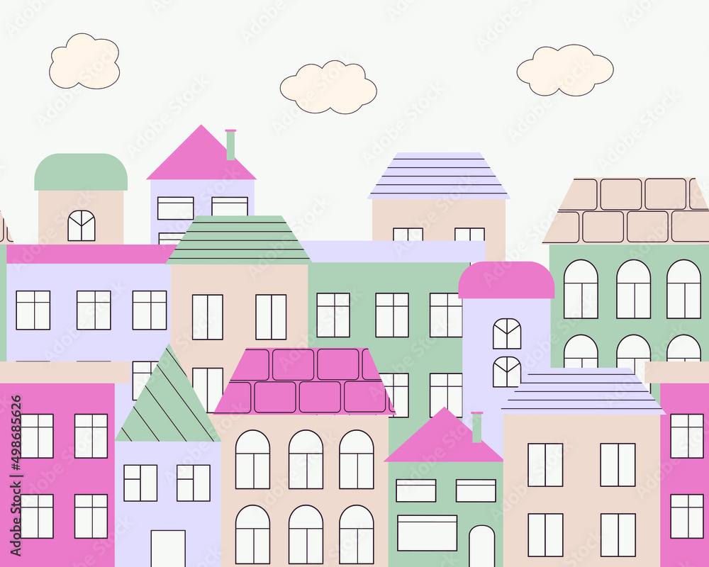 Skyline of cute pastel houses. Wallpaper for a childish room in Scandinavian style. Small cartoon town. Vector murals. City wall sticker.