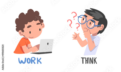 Kids engaged in different activities set. Work and think action verbs for children education cartoon cartoon vector illustration