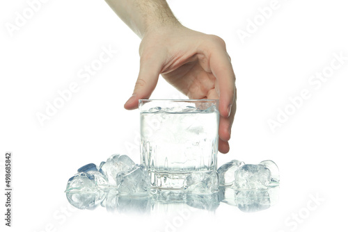Male hand take glass of water with ice, isolated on white background
