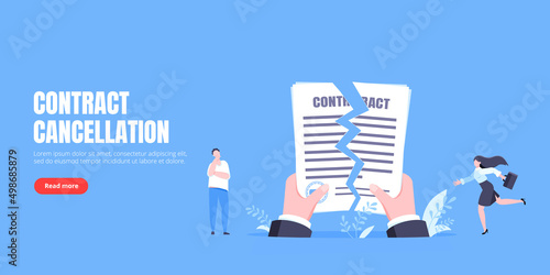Contract cancellation business concept. Terminated tearing contract paper sheet breach flat style design vector illustration. Business people running toward giant hands with tearing contract papers.