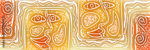 Stylized faces, abstract creatures in ethnic style, vector banner