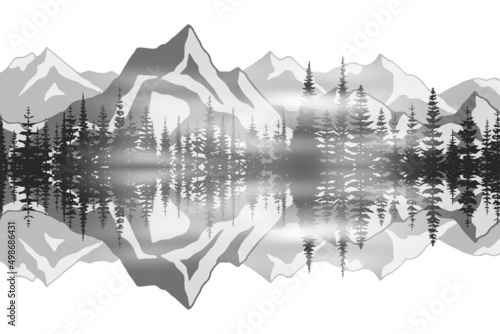 Reflection of mountains and forests in the lake. Northern nature view, black and white landscape.