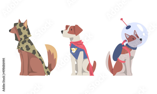 Funny dogs in superhero and astronaut costumes set. Cute pets dressed for carnival party cartoon vector illustration