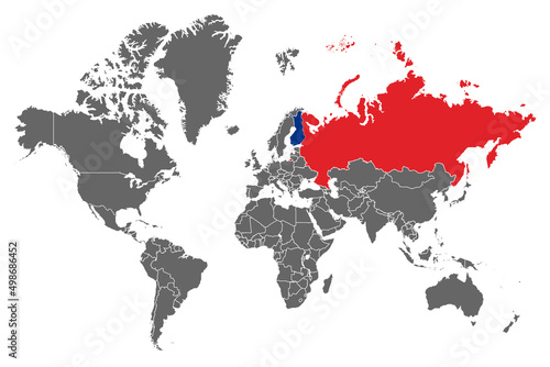 Grey world map with red Russia and blue Finland.