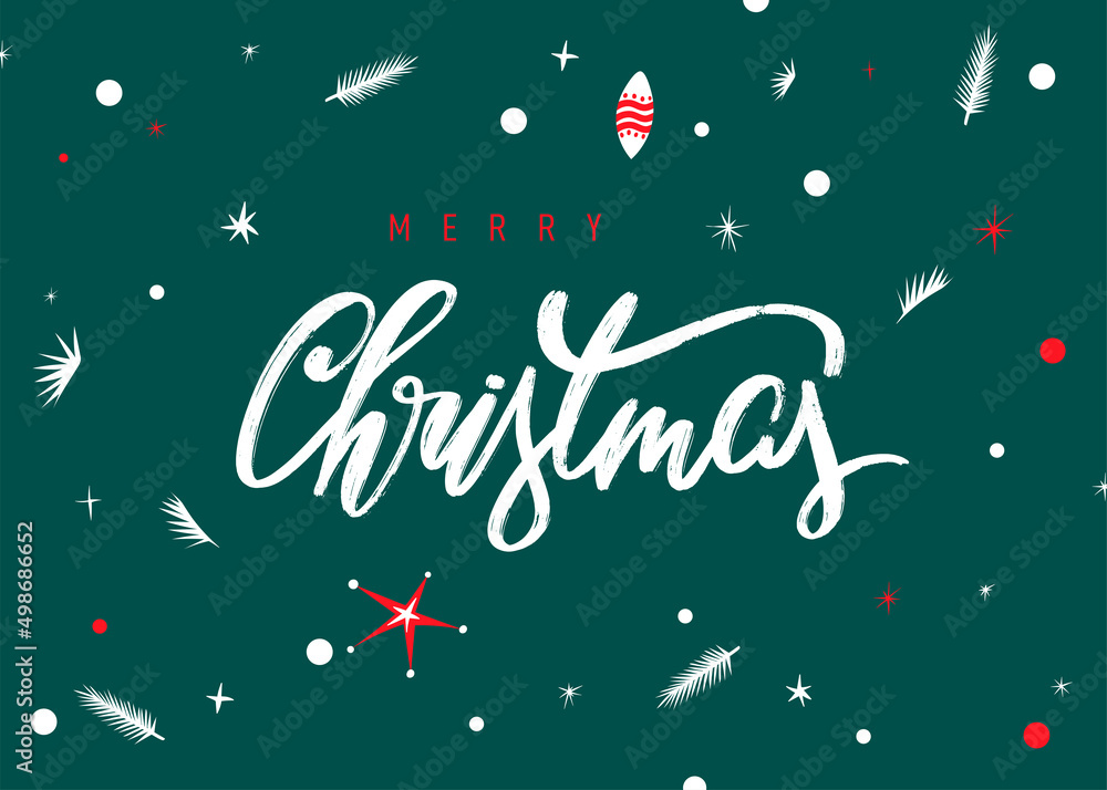 Merry Christmas lettering. Hand drawn modern calligraphy. Christmas vector illustration. Creative typography for holiday greeting cards, banner. Vector illustration. Isolated on green background.