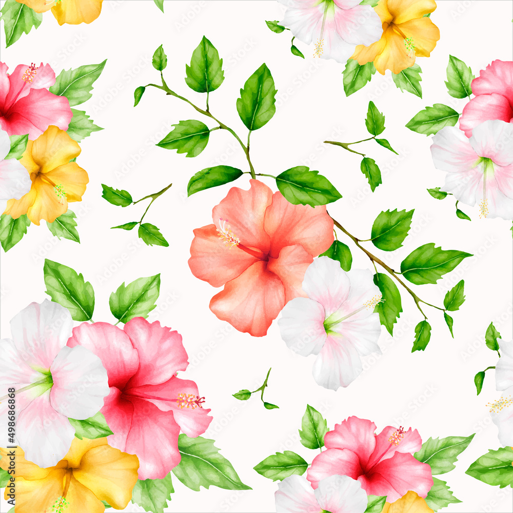 beautiful watercolor hibiscus flower floral seamless pattern