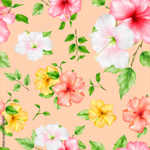 beautiful watercolor hibiscus flower floral seamless pattern