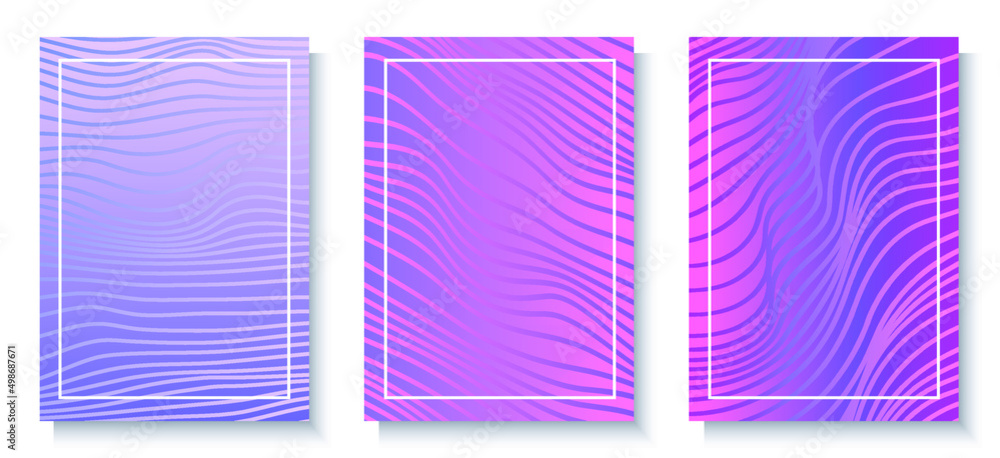 Abstract vibrant vector backgrounds with wavy pattern, in pink and purple gradient colors. Faded waves screen tone.