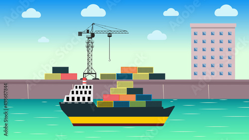 Transporting cargo with a ship vector. Ship in a dockyard, getting cargo container by a crane. Cargo ship loading container with a crane vector. Dockyard is full of cargo and a crane vector.
