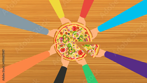 Hands taking pizza slices from a table vector. Delicious pizza vector with different kinds of hands. Pizza with so many toppings. Taking pizza slice from the table concept. Family holding pizza.