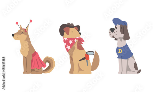 Dog animals in funny costumes set. Cute pets dressed for carnival party cartoon vector illustration