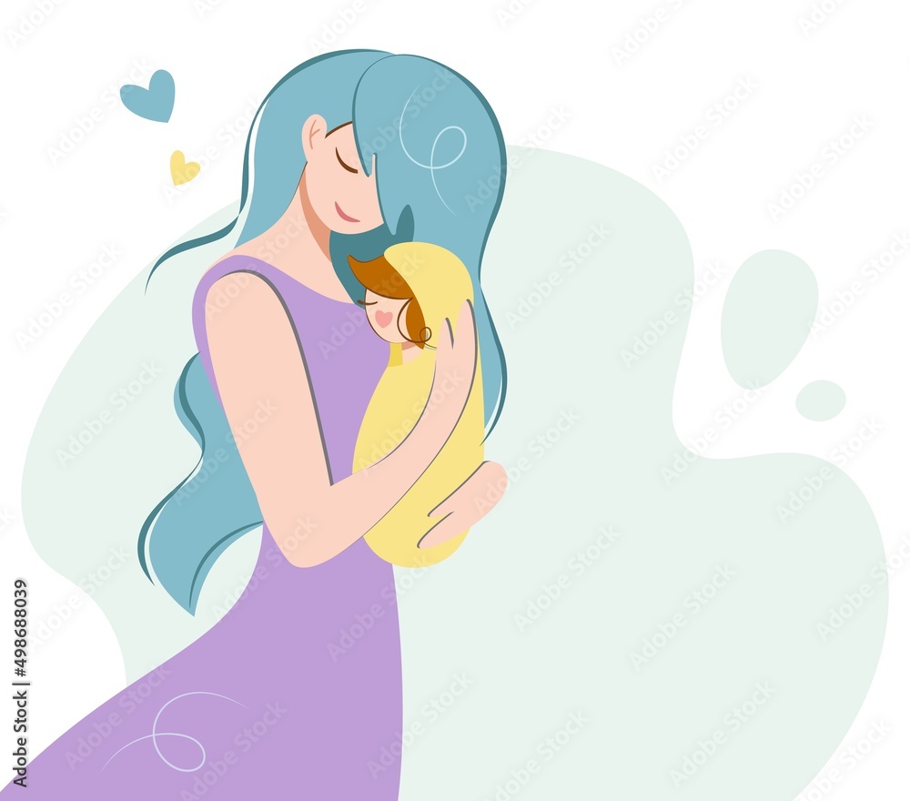 Mom and baby, Mother's Day, Motherhood, Love, Tenderness. Happy Mother's Day greeting card, banner. Template for World Breastfeeding Day. Icon. Vector illustration in a flat style. Pastel shades. Mom and baby, Mother's Day, Motherhood, Love, Tenderness. Happy Mother's Day greeting card, banner. Template for World Breastfeeding Day. Icon. Vector illustration in a flat style. Pastel shades.