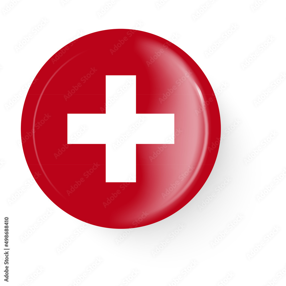 Round flag of Switzerland. Pin button. Pin brooch icon, sticker. 3D vector style. Round flag of Switzerland. Pin button. Pin brooch icon, sticker. 3D vector style.