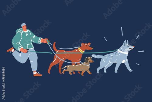 Cartoon vector illustration of Professional dog walker or pet sitter walking a pack of cute different breed
