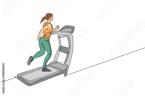 One single line drawing of young energetic woman working out in gym to strengthen body vector illustration. Fitness sport bodybuilding and healthy lifestyle concept. Modern continuous line draw design