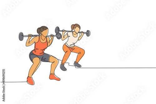 One continuous line drawing of two young sporty women working out lifting barbell with squat pose in fitness gym club center. Healthy fitness sport concept. Single line draw design vector illustration