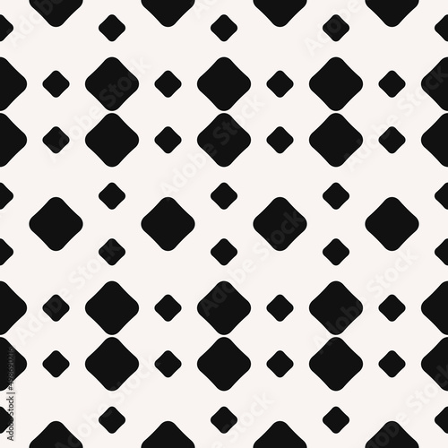 Black rounded diamonds, seamlessly knitted into a simple pattern. Vector rhombuses on a white background in a simple minimal pattern.