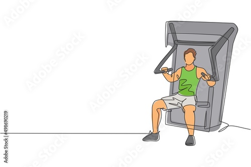 Single continuous line drawing of young sportive man training with bench press in sport gymnasium club center. Fitness stretching concept. Trendy one line draw design graphic vector illustration