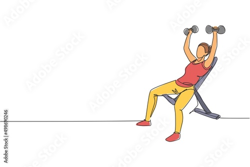 Single continuous line drawing of young sportive man training lift dumbbells on bench press in sport gymnasium club center. Fitness stretching concept. Trendy one line draw design vector illustration