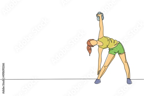 One continuous line drawing of young sporty woman working out side lunge windmill pose in fitness gym club center. Healthy fitness sport concept. Dynamic single line draw design vector illustration