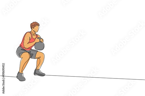 Single continuous line drawing of young sportive man training with kettlebell in sport gymnasium club center. Fitness stretching concept. Trendy one line draw design vector illustration graphic