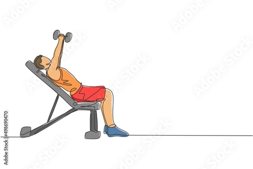 One single line drawing of young energetic man exercise with bench press in gym fitness center graphic vector illustration. Healthy lifestyle sport concept. Modern continuous line draw design