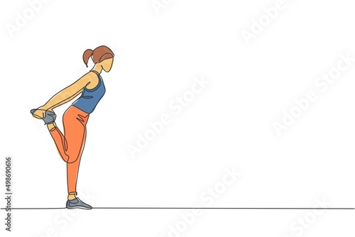 One single line drawing of young energetic woman exercise stretching pull her leg in gym fitness center vector graphic illustration. Healthy lifestyle sport concept. Modern continuous line draw design
