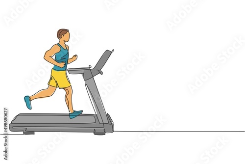 Single continuous line drawing of young sportive man training speed run with treadmill in sport gymnasium club center. Fitness stretching concept. Trendy one line draw design vector illustration