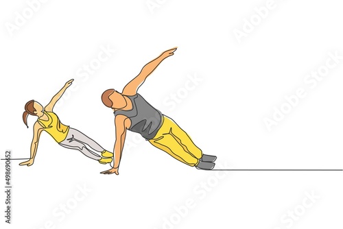 One single line drawing of young energetic man and woman exercise side plank together in gym fitness center vector illustration. Healthy lifestyle sport concept. Modern continuous line draw design