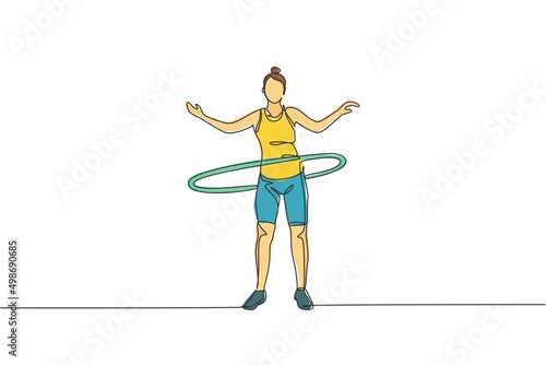 One continuous line drawing of young sporty woman fun working out with hula hoops in fitness gym club center. Healthy fitness sport concept. Dynamic single line draw graphic design vector illustration