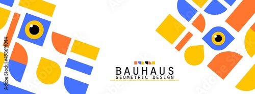 Bauhaus style flye. Journal magazine album cover with abstract geometric 2d shapes and eye. Banner template with set of simple colorful forms. Vector card illustration on white background.
