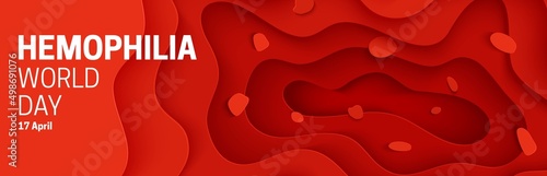 World Blood Donor Day poster in paper cut style. 3d red background with liquid waves. Vector card illustrations for leukemia or hemophilia concept. Medical health care flyer with inside view artery