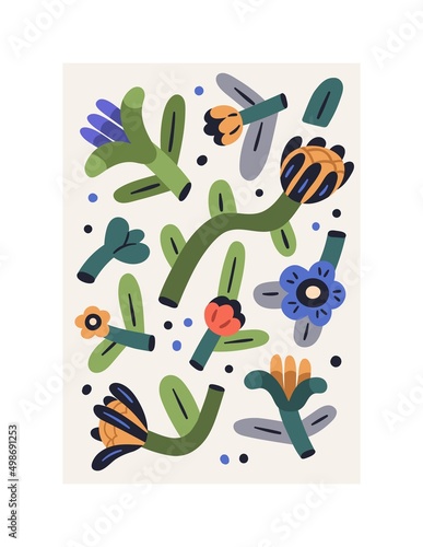 Interior poster with modern botany. Contemporary wall art with floral plants,...