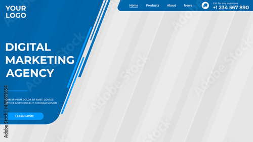 Landing page website template digital marketing agency header. Modern white and blue promotional banner or header for website. Vector illustration concept of landing web page design site.