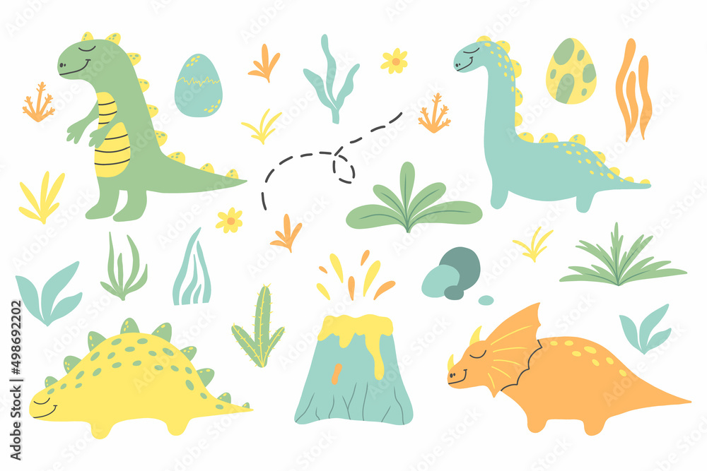 Set of cute dinosaurs. Hand drawn set of dinosaurs, volcanoes, plants, eggs. Baby dino set.Vector illustration. Suitable for prints, posters and more. Set of cute dinosaurs. Hand drawn set of dinosaurs, volcanoes, plants, eggs. Baby dino set.Vector illustration. Suitable for prints, posters and more.