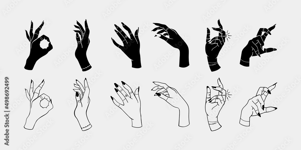 Hand drawn elegant and mystic set of magical female hands. Aesthetic collection, perfect for logo design and branding