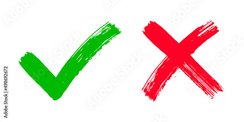 Two dirty grunge hand drawn with brush strokes cross x and tick OK check marks vector illustration isolated on white background. Check mark symbol NO and YES buttons for vote box, web, etc.