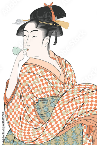 ポッピンを吹く女　ビードロを吹く娘　喜多川歌麿 