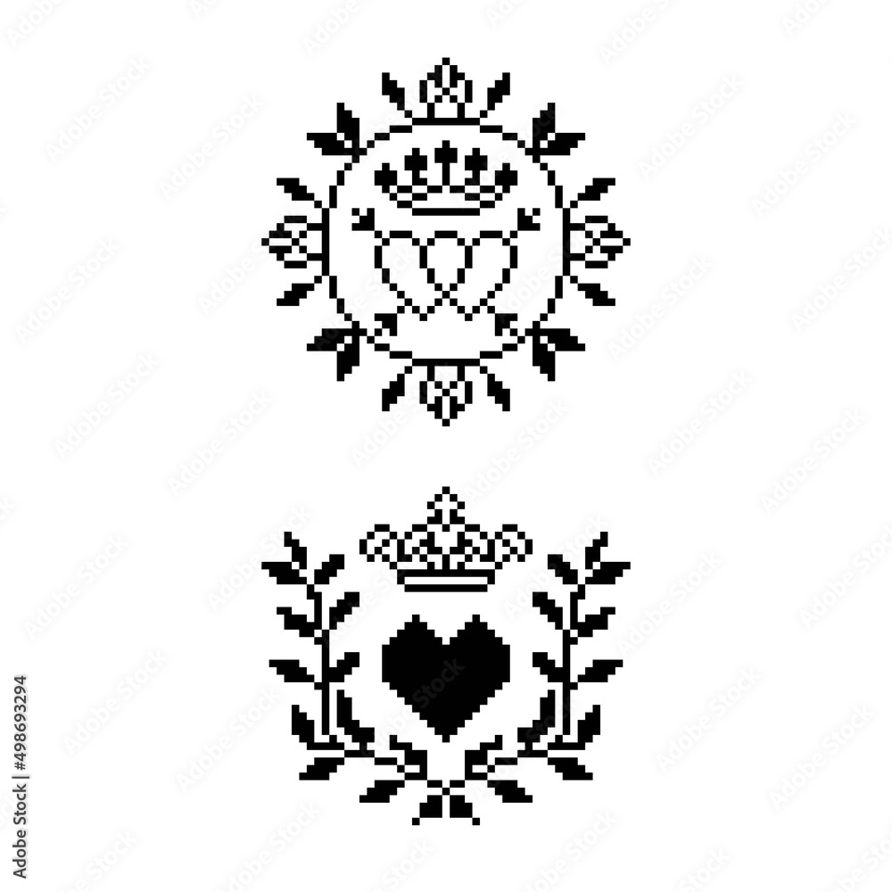 pixel ornament elements with heart and crown, set of decorative symbol black color pixel ornament elements with heart and crown, set of decorative symbol black color