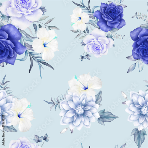 luxury navy blue and purple watercolor floral seamless pattern