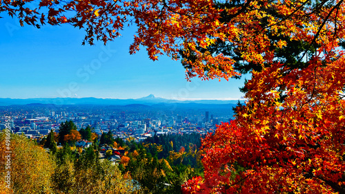 autumn landscape with mountain, foliage, sky, and city - Mt. Hood and Portland, Oregon, USA