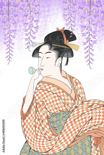 ポッピンを吹く女　ビードロを吹く娘　藤　花