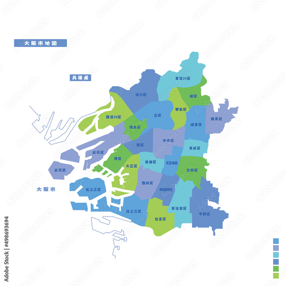 Obraz premium 大阪市行政区・大阪市地図 雨の日カラーで色分けしてみた