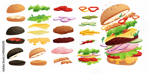 Burgers ingredients set: buns, chili, tomato, cheese, bacon, cucumber, meat, onion, ketchup, French fried potato and salad. Fast food, junk. Cartoon vector illustration.