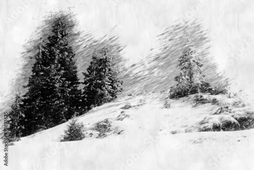 snowy landscape with trees in a pencil drawing style
