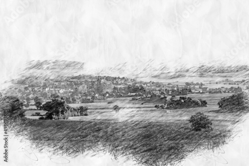 idyllic town in a valley in pencil drawing style