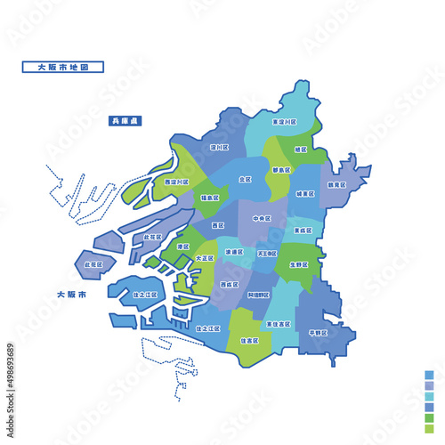大阪市行政区・大阪市地図 雨の日カラーで色分けしてみた