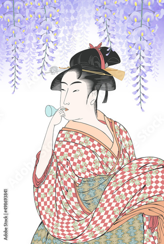 ポッピンを吹く女　ビードロを吹く娘　藤　花